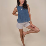 Anya Denim Top in washed blue with vertical seam detail and gathered neckline — Paper Doll
