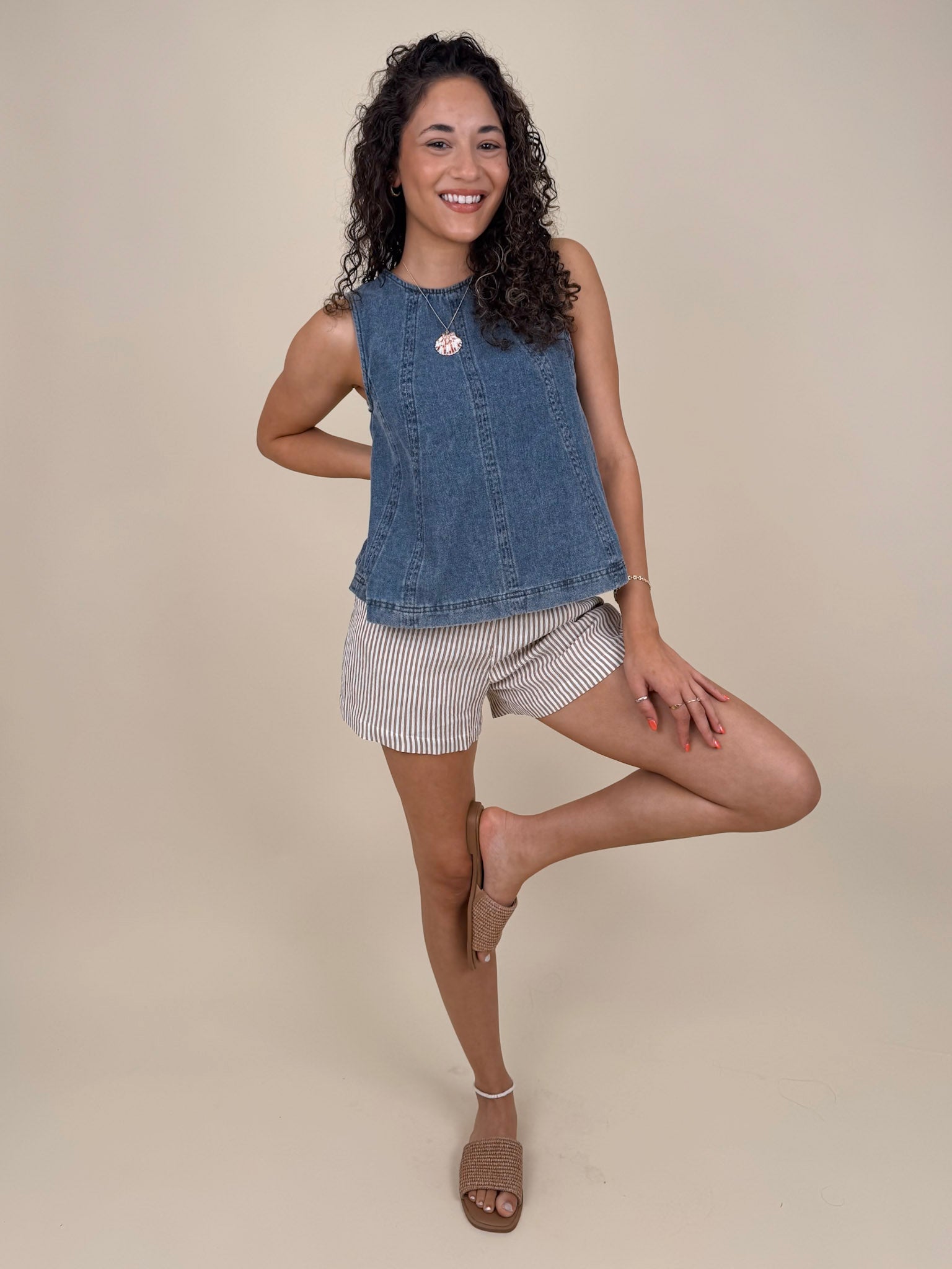 Anya Denim Top in washed blue with vertical seam detail and gathered neckline — Paper Doll
