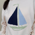 Sailboat Sweater with cream knit and navy and blue intarsia sailboat graphic — Paper Doll
