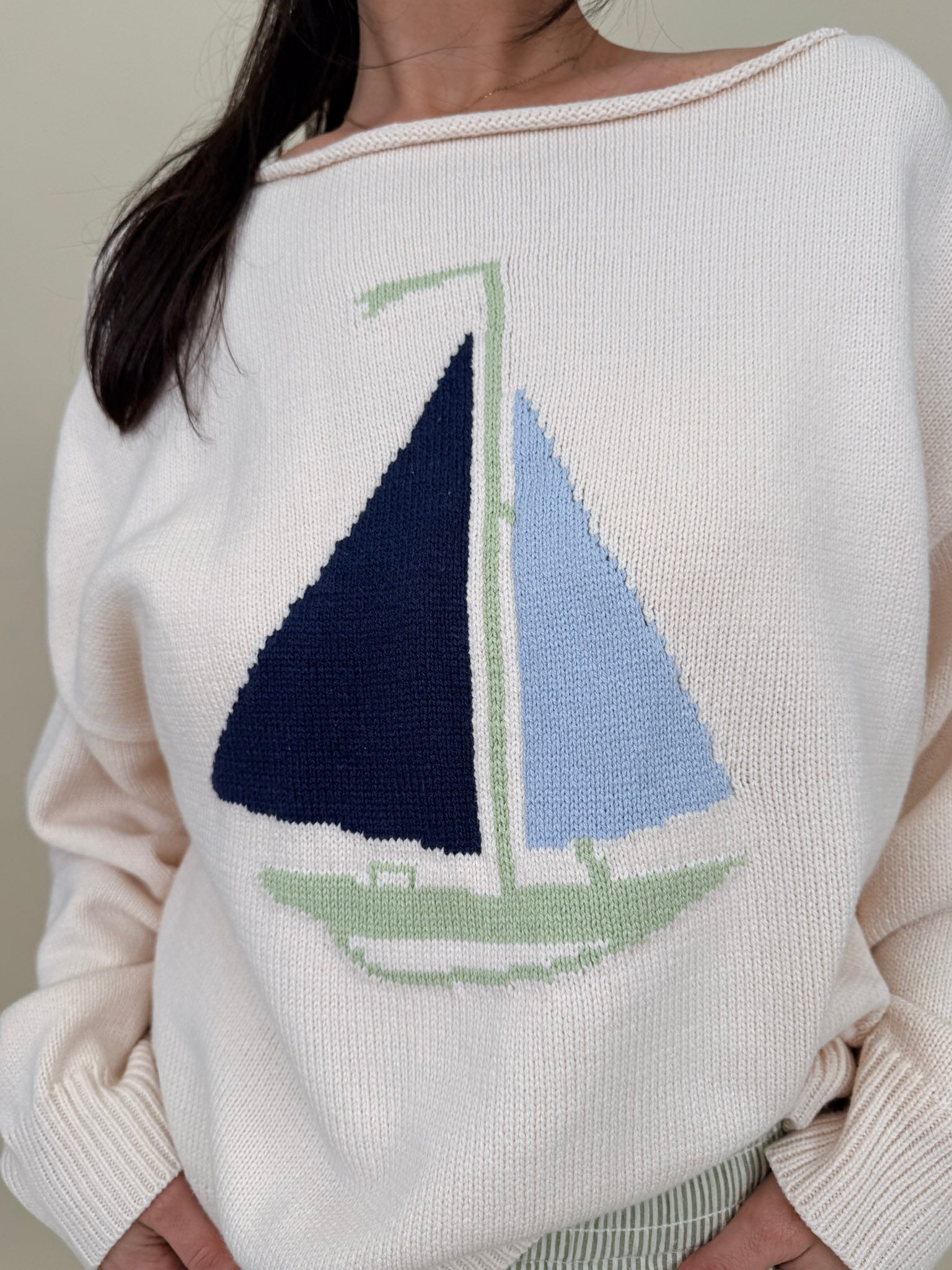 Sailboat Sweater with cream knit and navy and blue intarsia sailboat graphic — Paper Doll

