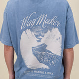 Way Maker Unisex Tee in washed blue with script chest print and mountain graphic on back — Paper Doll