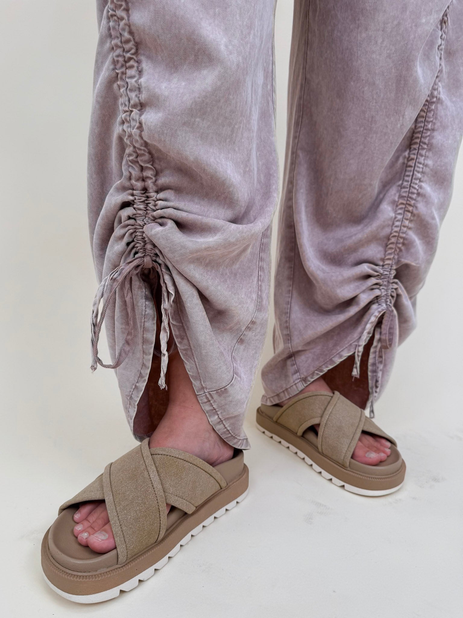 Kalista Cargo Pants in washed mauve with ruched drawstring hems and snap cargo pockets — Paper Doll