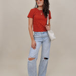 Brittany Polka Dot Jersey Tee in red with white polka dot print — Paper Doll