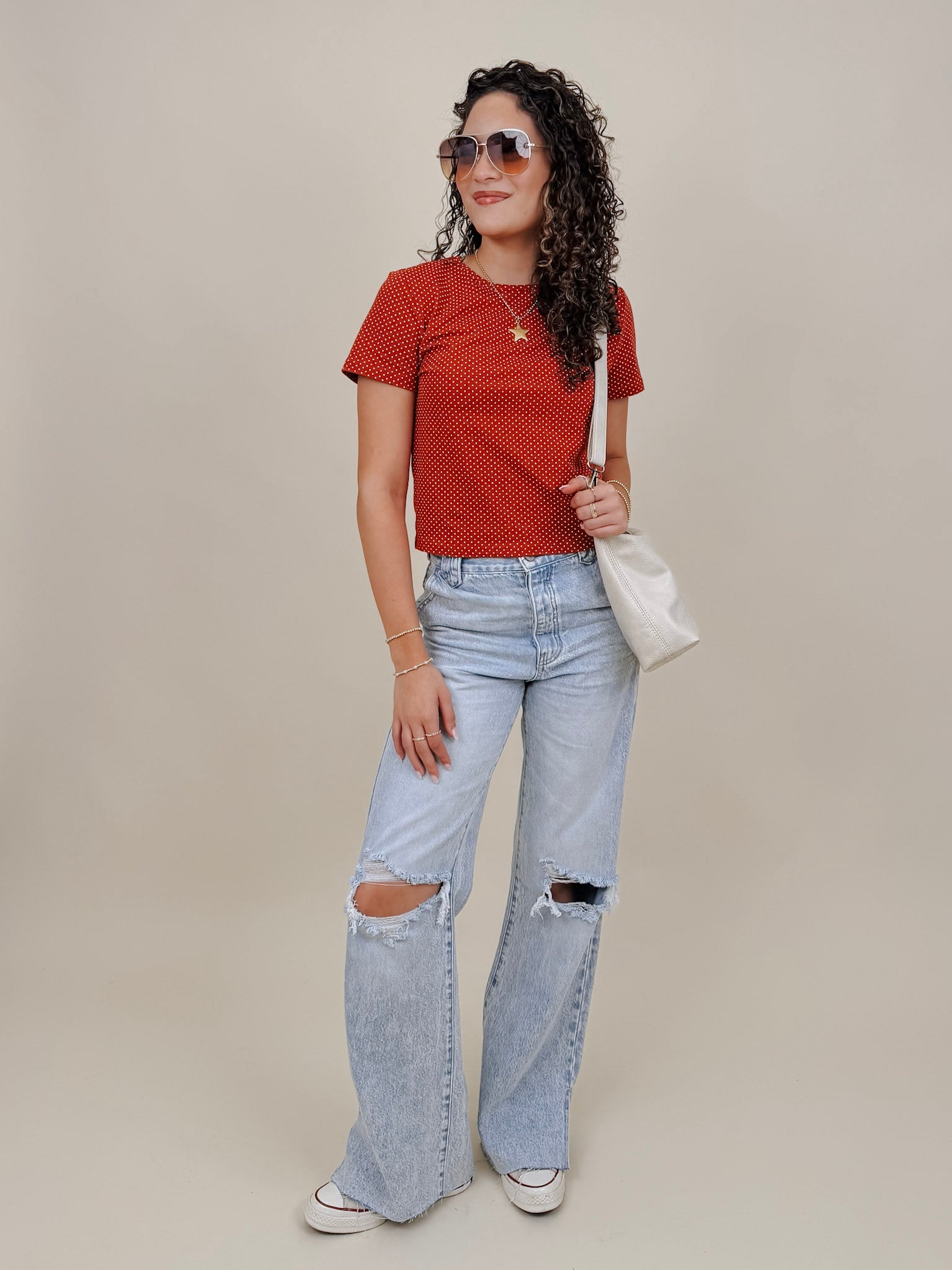 Brittany Polka Dot Jersey Tee in red with white polka dot print — Paper Doll