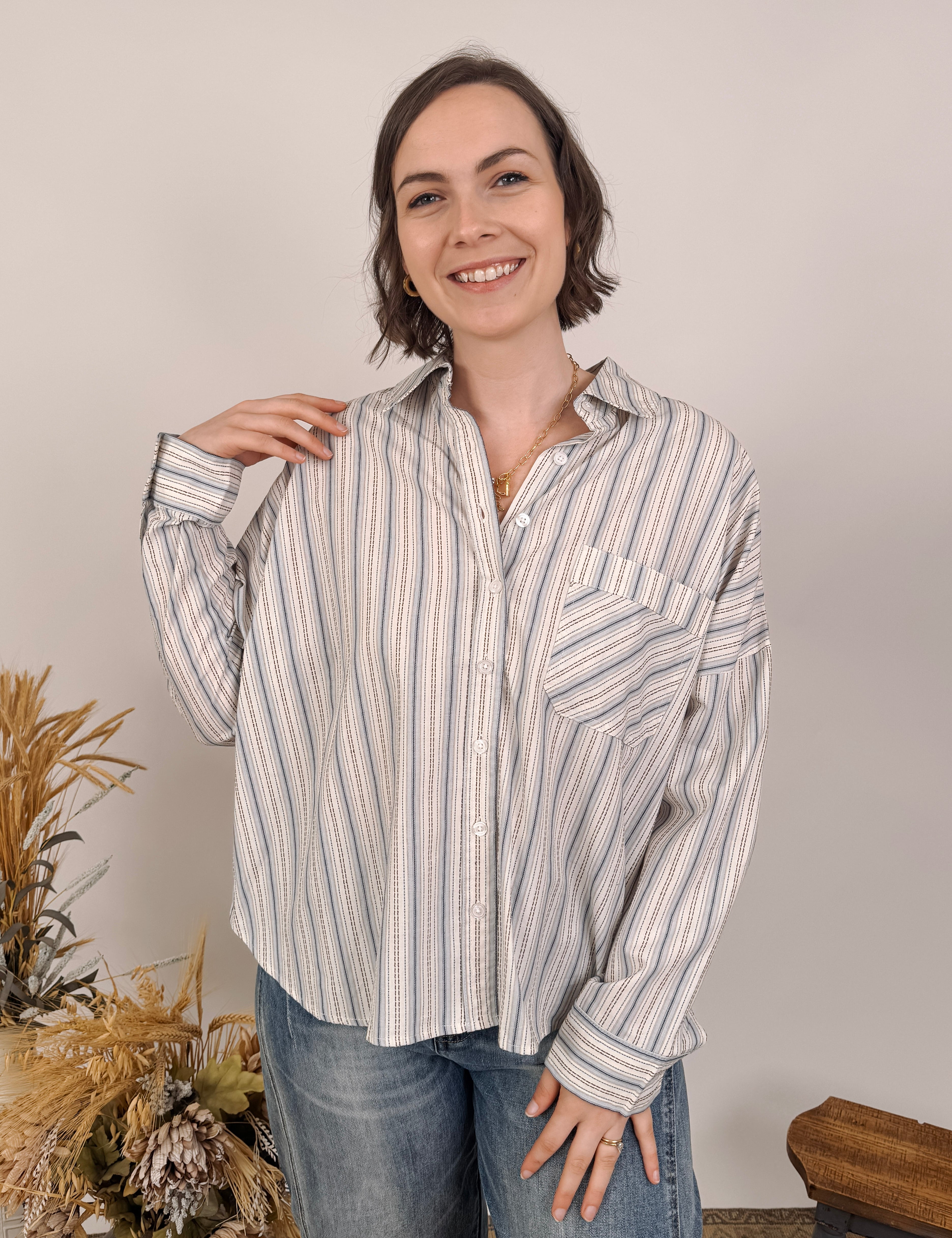 Megan Multi Stripe Button Up Top