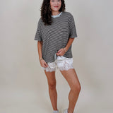 Triple Threat Boxy Striped Tee in chocolate and sage stripe with contrast neckline — Paper Doll