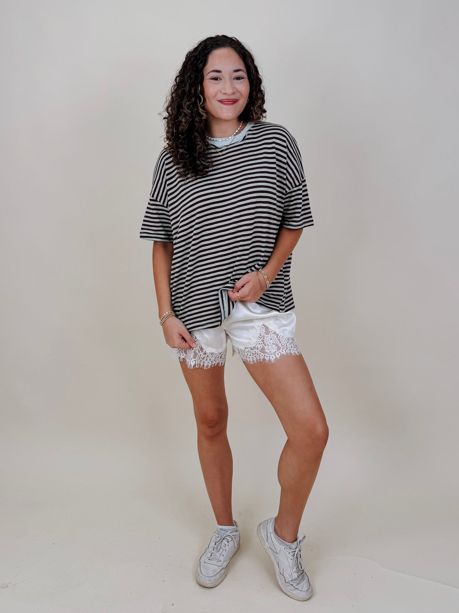 Triple Threat Boxy Striped Tee in chocolate and sage stripe with contrast neckline — Paper Doll