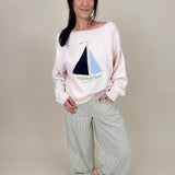 Sailboat Sweater with cream knit and navy and blue intarsia sailboat graphic — Paper Doll
