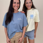 Way Maker Unisex Tee in washed blue with script chest print and mountain graphic on back — Paper Doll