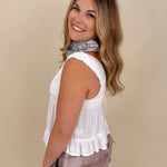 Etta V-Neck Lace Trim Top with white lace trim and ruffle hem — Paper Doll