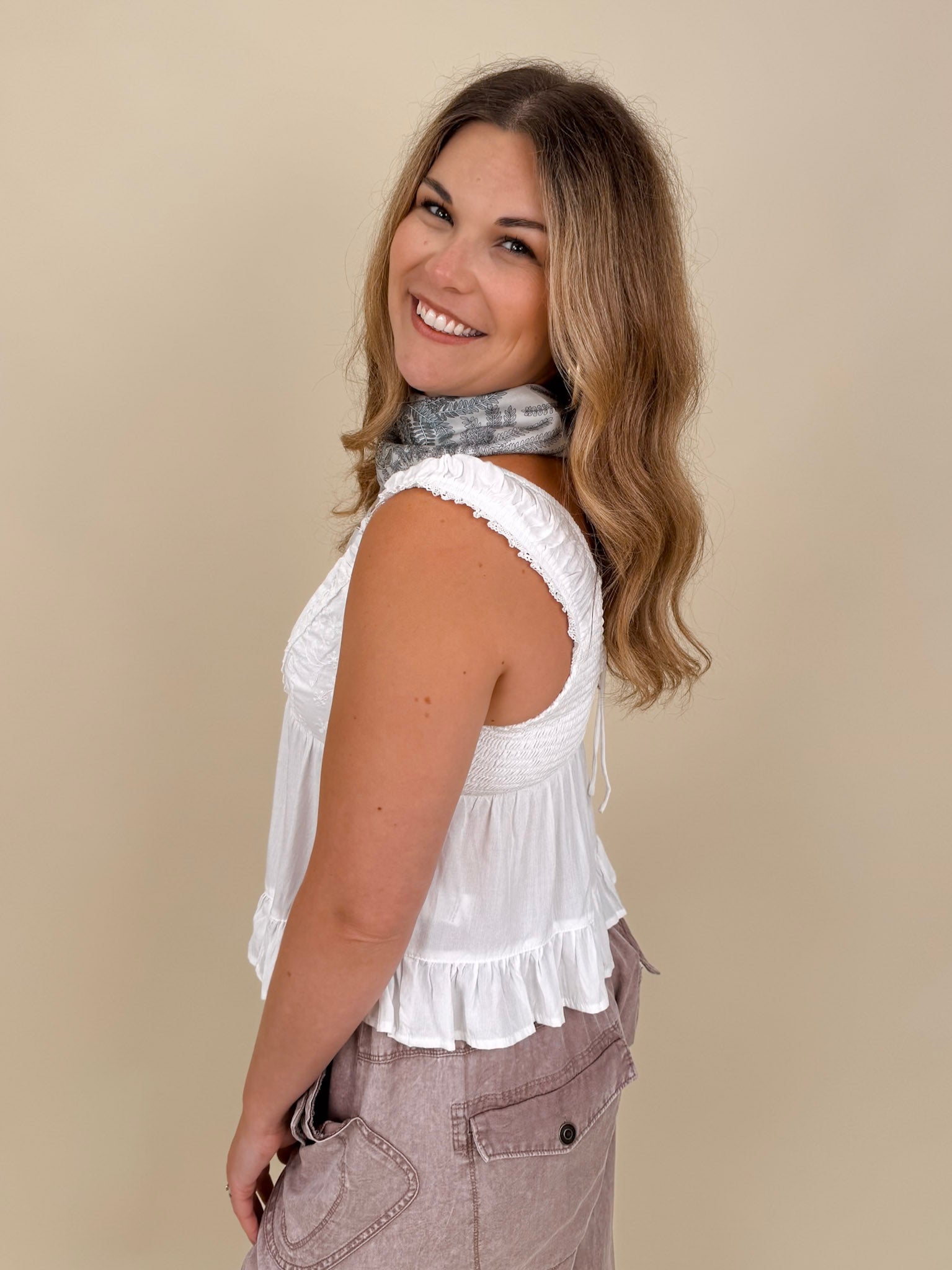 Etta V-Neck Lace Trim Top with white lace trim and ruffle hem — Paper Doll