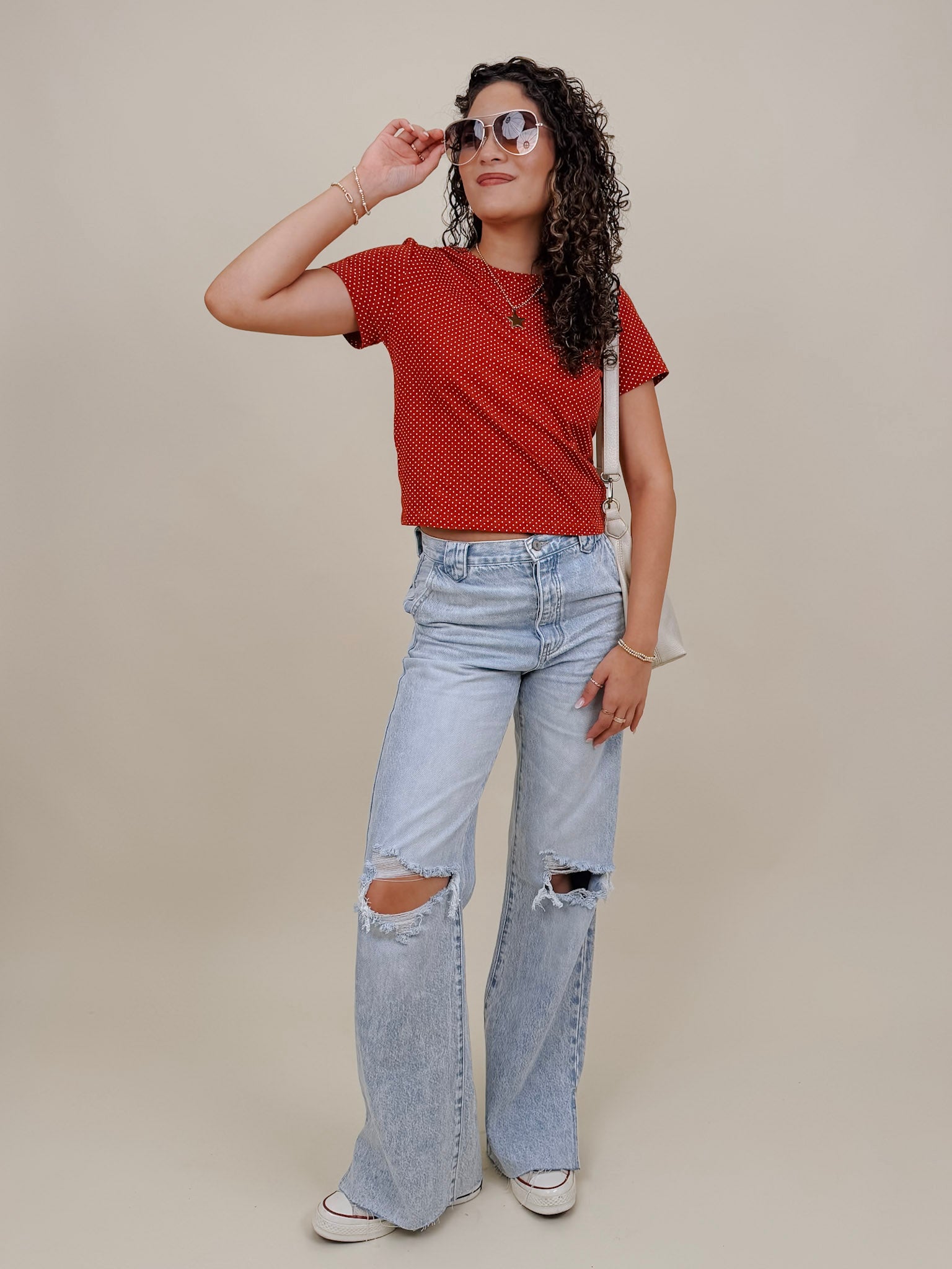 Brittany Polka Dot Jersey Tee in red with white polka dot print — Paper Doll