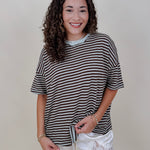 Triple Threat Boxy Striped Tee in chocolate and sage stripe with contrast neckline — Paper Doll
