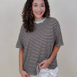 Triple Threat Boxy Striped Tee in chocolate and sage stripe with contrast neckline — Paper Doll