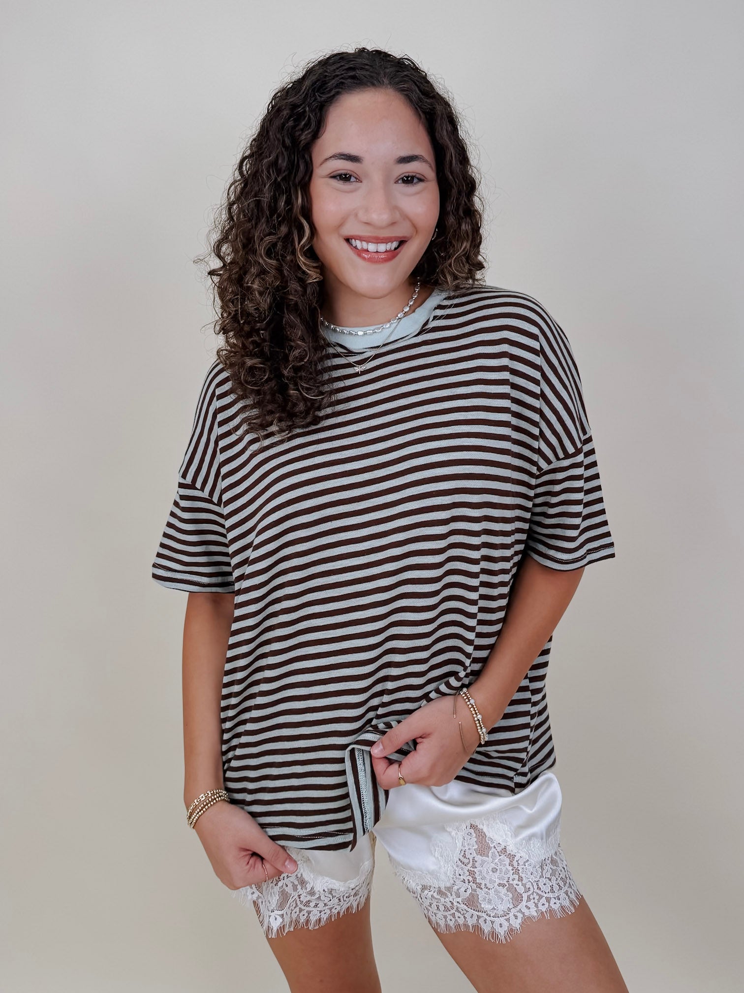 Triple Threat Boxy Striped Tee in chocolate and sage stripe with contrast neckline — Paper Doll