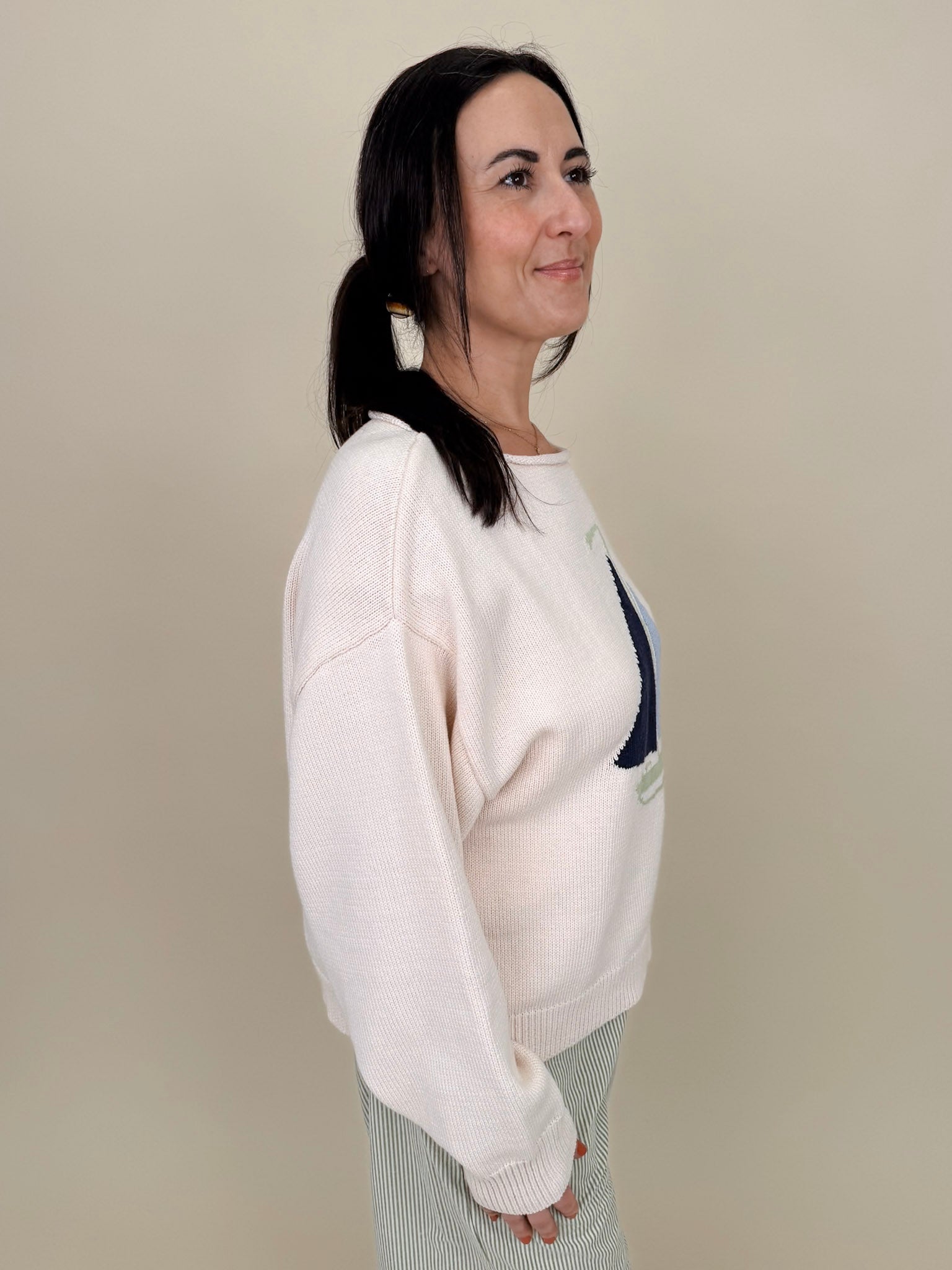 Sailboat Sweater with cream knit and navy and blue intarsia sailboat graphic — Paper Doll
