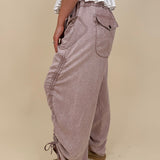 Kalista Cargo Pants in washed mauve with ruched drawstring hems and snap cargo pockets — Paper Doll