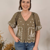 Gently Soaring Embroidered Button Blouse