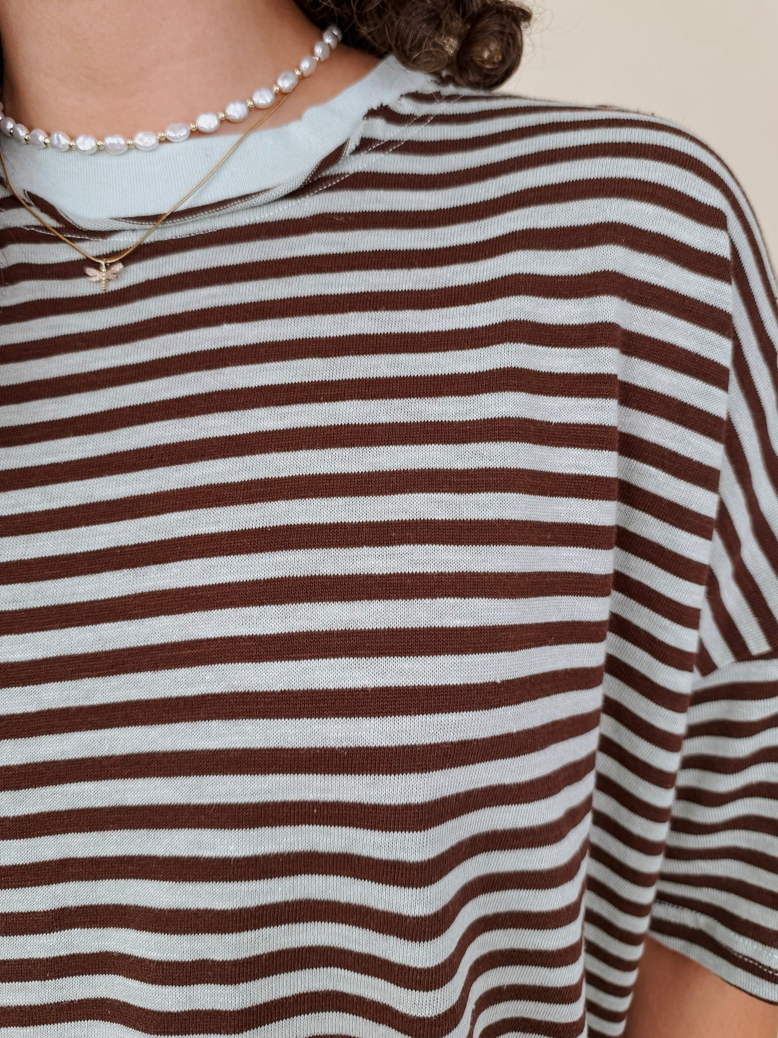 Triple Threat Boxy Striped Tee in chocolate and sage stripe with contrast neckline — Paper Doll