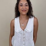 Bailey Collared Ruffle Trim Top in off white with floral embroidery and Peter Pan collar — Paper Doll
