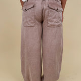 Kalista Cargo Pants in washed mauve with ruched drawstring hems and snap cargo pockets — Paper Doll