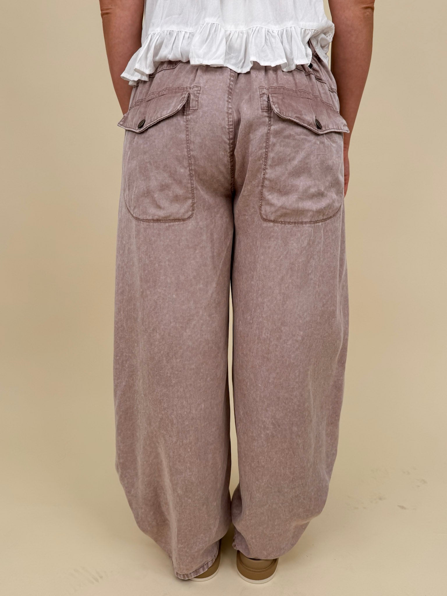 Kalista Cargo Pants in washed mauve with ruched drawstring hems and snap cargo pockets — Paper Doll
