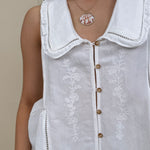 Bailey Collared Ruffle Trim Top in off white with floral embroidery and Peter Pan collar — Paper Doll
