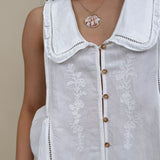 Bailey Collared Ruffle Trim Top in off white with floral embroidery and Peter Pan collar — Paper Doll

