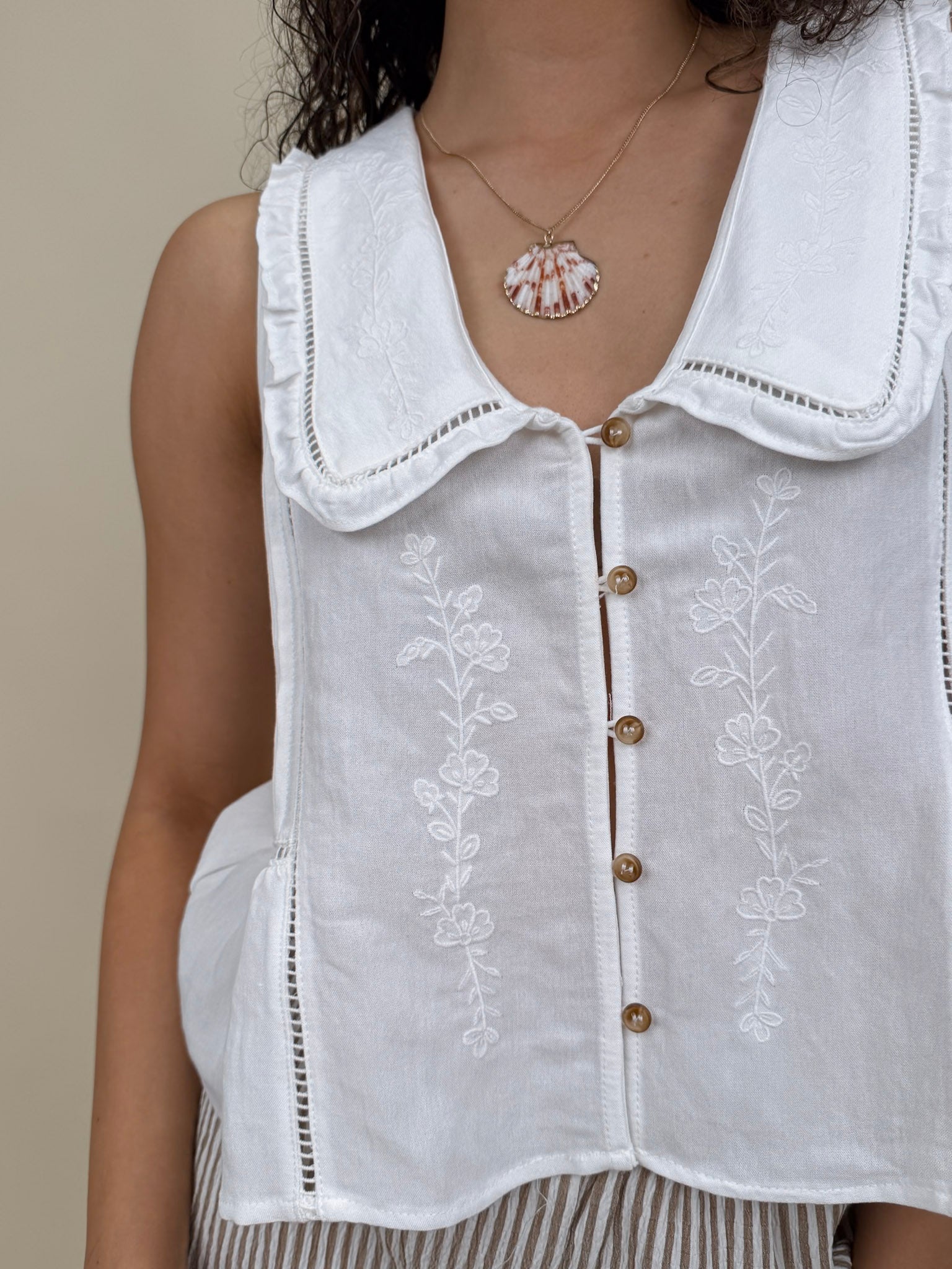 Bailey Collared Ruffle Trim Top in off white with floral embroidery and Peter Pan collar — Paper Doll
