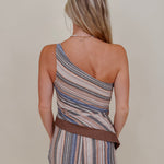 Natalia Striped Top & Short Set in a blue, tan, and peach stripe with a beaded strap — Paper Doll
