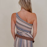 Natalia Striped Top & Short Set in a blue, tan, and peach stripe with a beaded strap — Paper Doll
