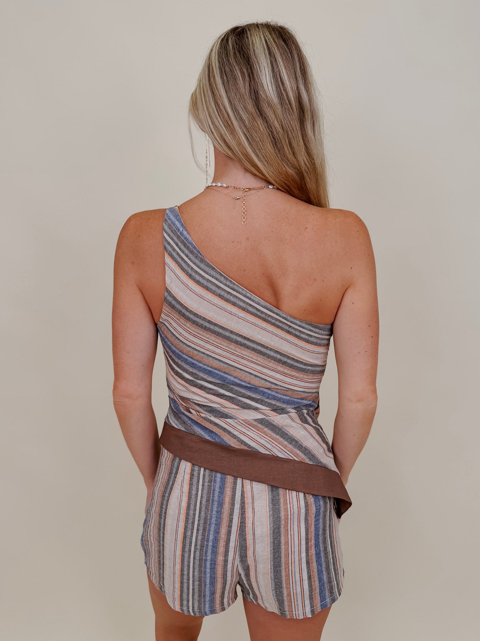 Natalia Striped Top & Short Set in a blue, tan, and peach stripe with a beaded strap — Paper Doll

