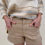 Quincy High Waist Shorts in khaki with cuffed hem and high-rise waist — Paper Doll