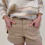 Quincy High Waist Shorts in khaki with cuffed hem and high-rise waist — Paper Doll