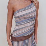 Natalia Striped Top & Short Set in a blue, tan, and peach stripe with a beaded strap — Paper Doll
