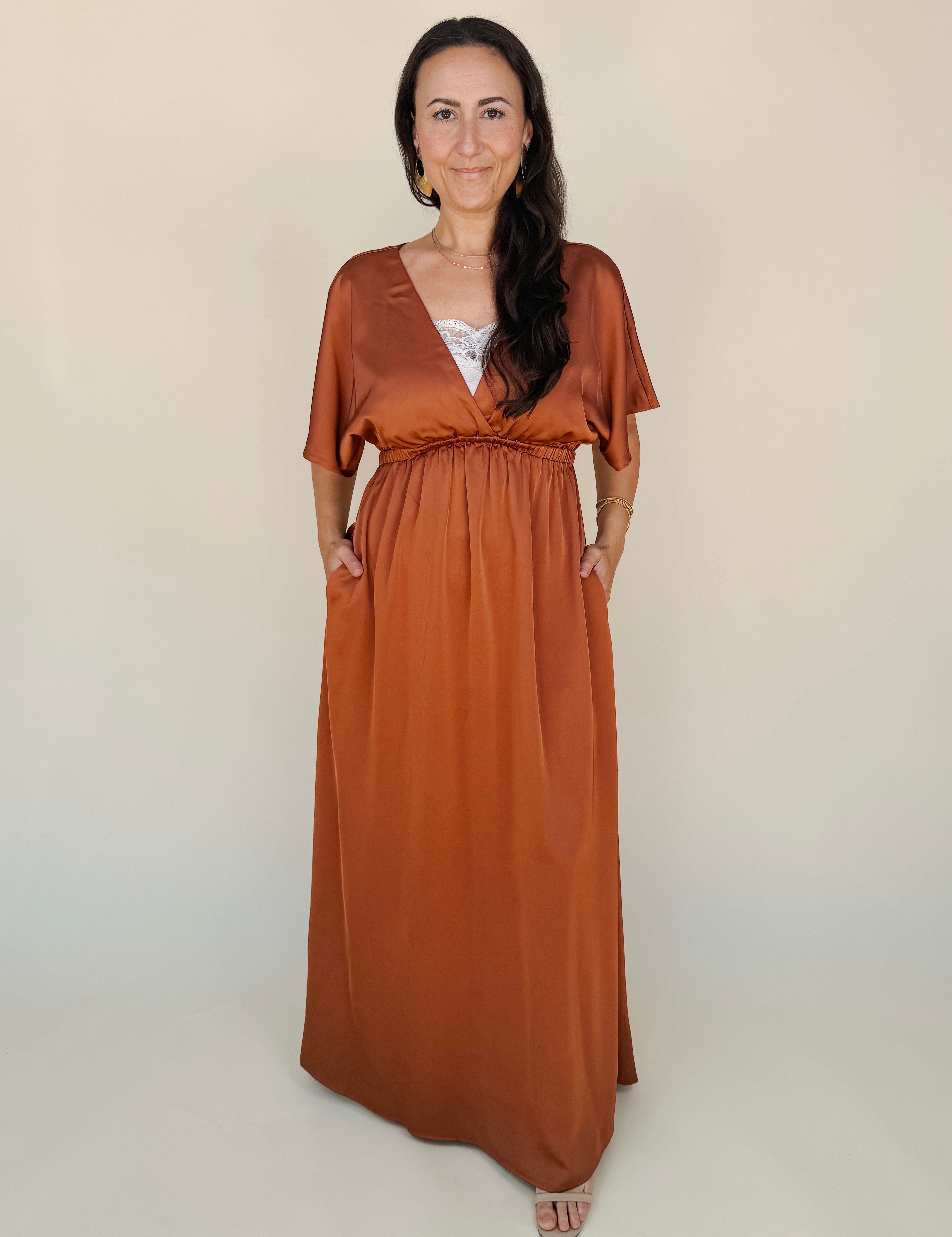 Ember Satin Flutter Sleeve Maxi Dress