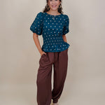 Pretty Girl Blouse in teal cotton with cream polka dots and puff sleeves — Paper Doll