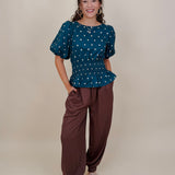 Pretty Girl Blouse in teal cotton with cream polka dots and puff sleeves — Paper Doll
