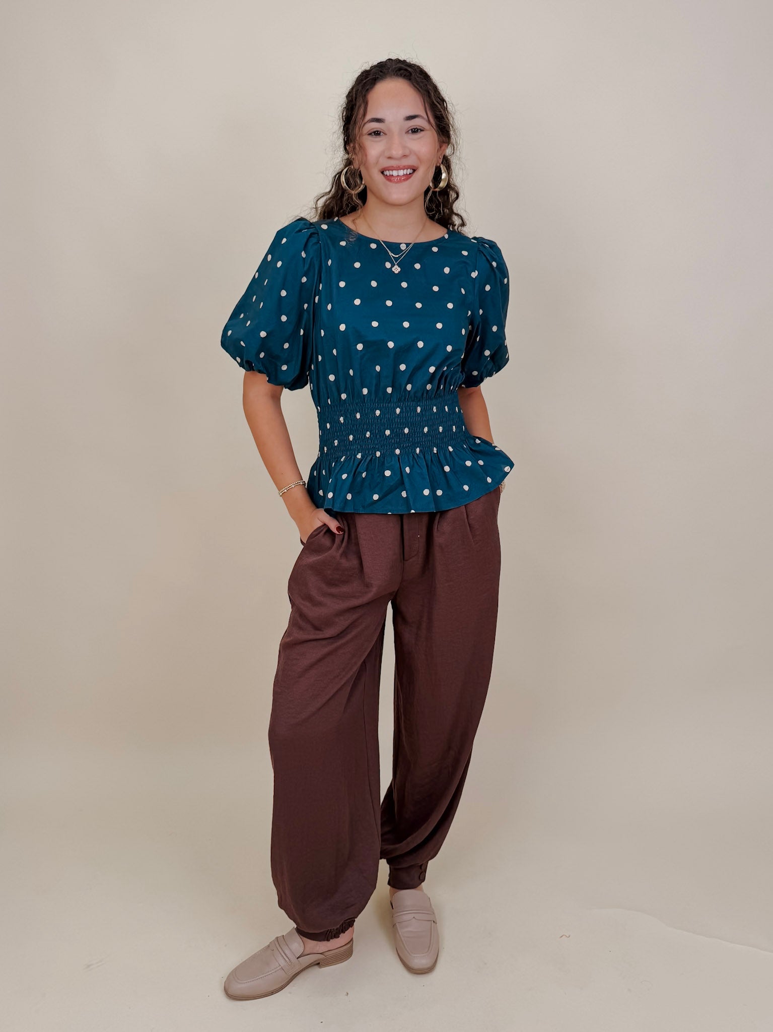 Penny For Your Thoughts Pant in cocoa brown twill with pleated front and smocked ankle cuff — Paper Doll