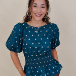 Pretty Girl Blouse in teal cotton with cream polka dots and puff sleeves — Paper Doll
