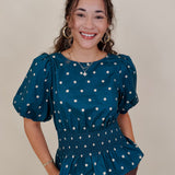 Pretty Girl Blouse in teal cotton with cream polka dots and puff sleeves — Paper Doll