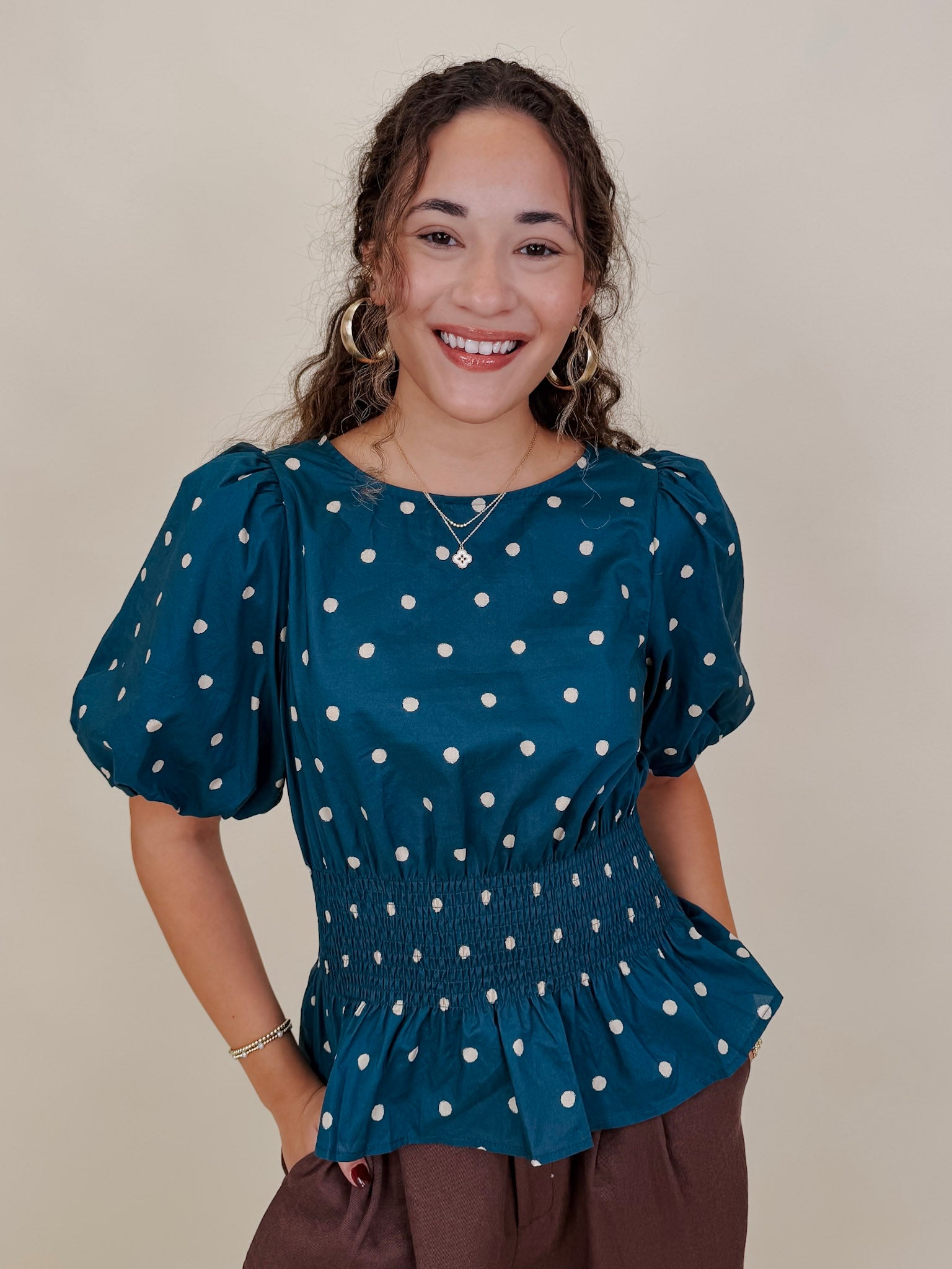 Pretty Girl Blouse in teal cotton with cream polka dots and puff sleeves — Paper Doll