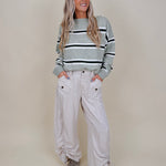 Birdie Boat Neck Sweater with sage and cream stripes and matching knit scarf — Paper Doll