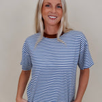 Jessie Contrast Neck Band Tee in blue and white stripes with a brown neck band — Paper Doll
