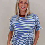 Jessie Contrast Neck Band Tee in blue and white stripes with a brown neck band — Paper Doll
