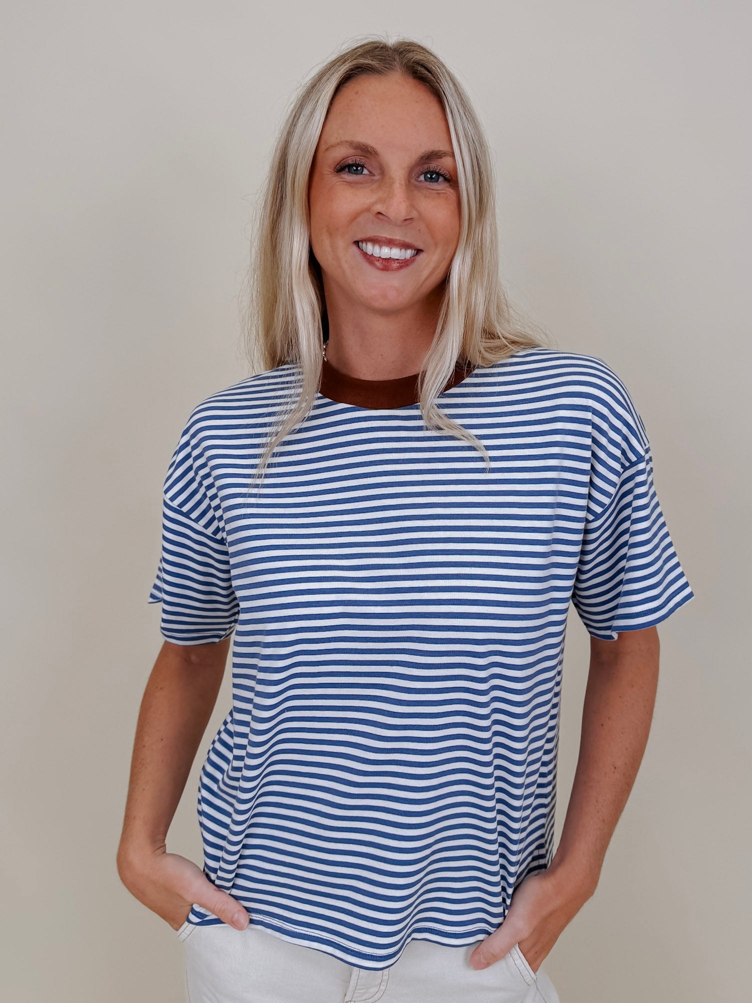 Jessie Contrast Neck Band Tee in blue and white stripes with a brown neck band — Paper Doll

