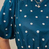 Pretty Girl Blouse in teal cotton with cream polka dots and puff sleeves — Paper Doll
