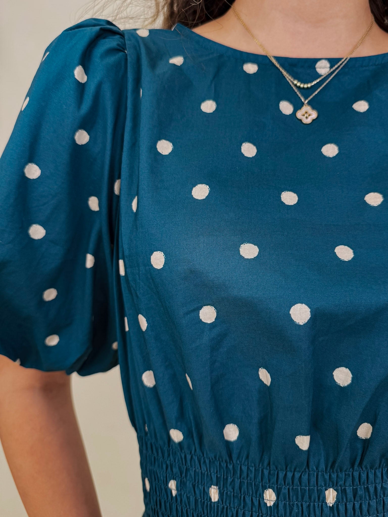 Pretty Girl Blouse in teal cotton with cream polka dots and puff sleeves — Paper Doll