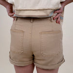 Quincy High Waist Shorts in khaki with cuffed hem and high-rise waist — Paper Doll