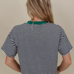 Jessie Contrast Neck Band Tee in navy and white stripes with a green neck band — Paper Doll
